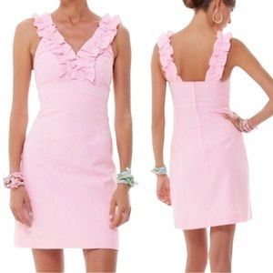 Lilly Pulitzer Phoebe Ruffle Neck Pink Seersucker Dress 0